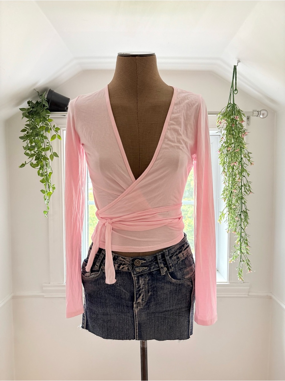 Women's Light Pink Wrap Tie-Waist Long Sleeve Top